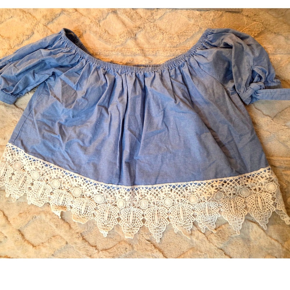 Vintage Iris Blue Off The Shoulder Lace Trim Crop Top Chambray XL IT8127C Blouse